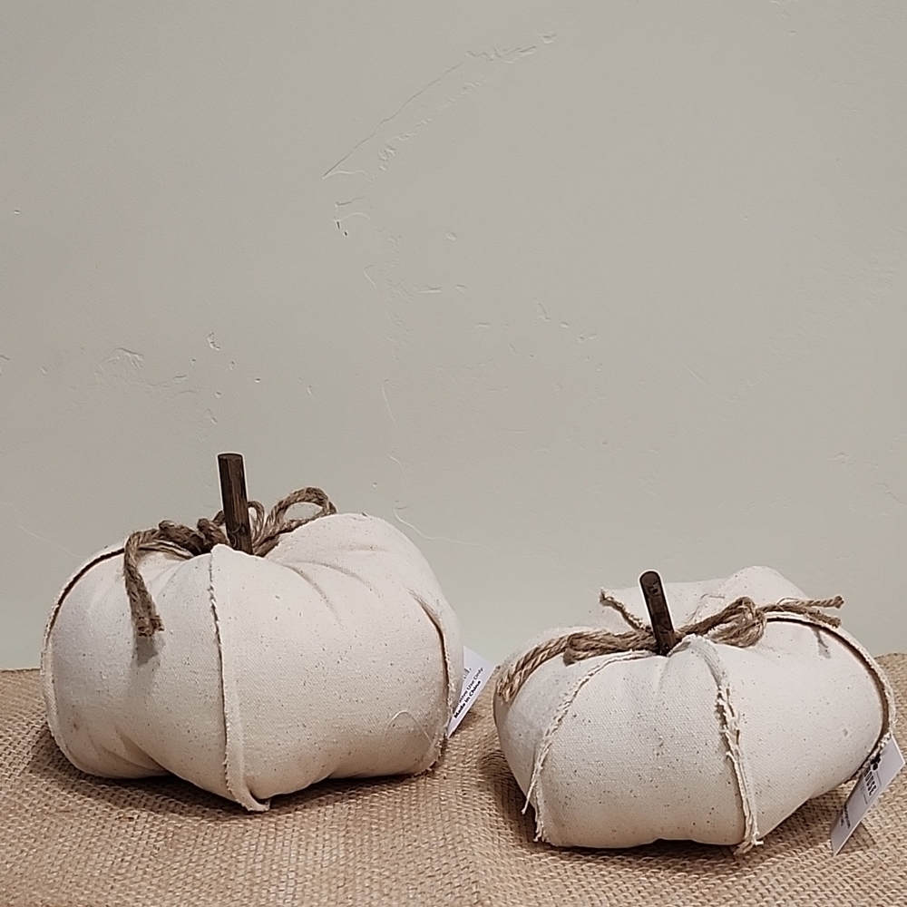 Set of Two Cream Canvas Fabric Pumpkins